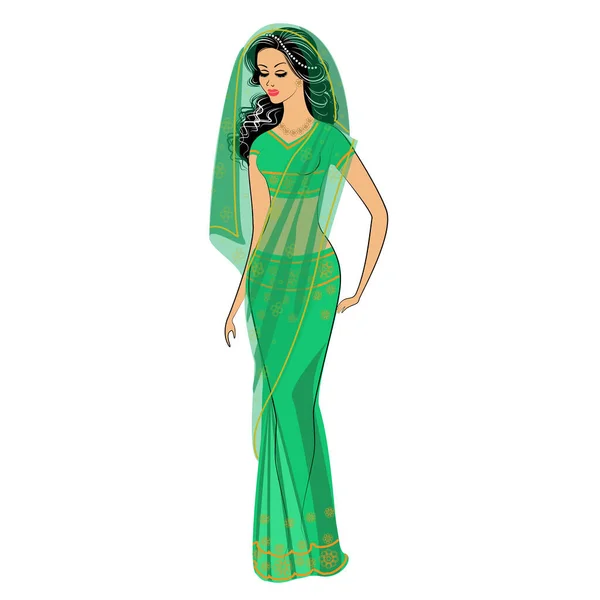 Silhouet Een Lieve Dame Het Meisje Gekleed Een Traditionele Sari — Stockvector