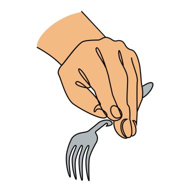 Modern bir şekilde çatal tutan bir adamın silueti. Devamlı çizgi çizimi, ev dekorasyonu için estetik taslak posterler, duvar resimleri, çıkartmalar, logolar. Vektör illüstrasyonu