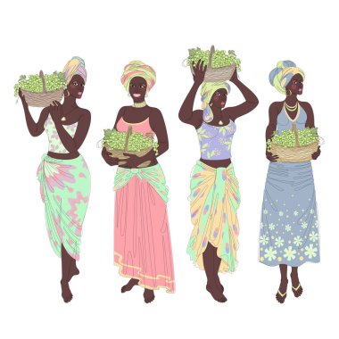Collection. Silhouettes of a girl in a headscarf. The lady is holding a basket of grapes in her hands. Woman in modern single line style, outline. Vector illustration, set