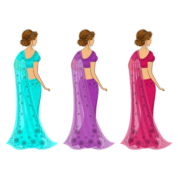 Coleção Silhueta Senhoras Encantadoras Meninas Estão Vestidas Com Saris Roupas — Vetor de Stock