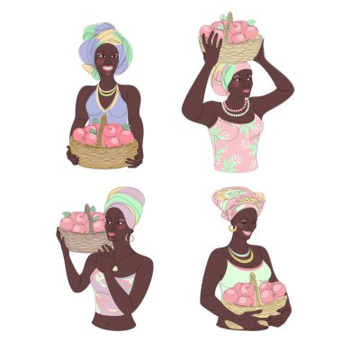Collection. Silhouettes of a girl in a headscarf. The lady holds in her hands a basket with bananas and apples, grapes, oranges Woman in a modern one line style, contour. Vector illustration, set