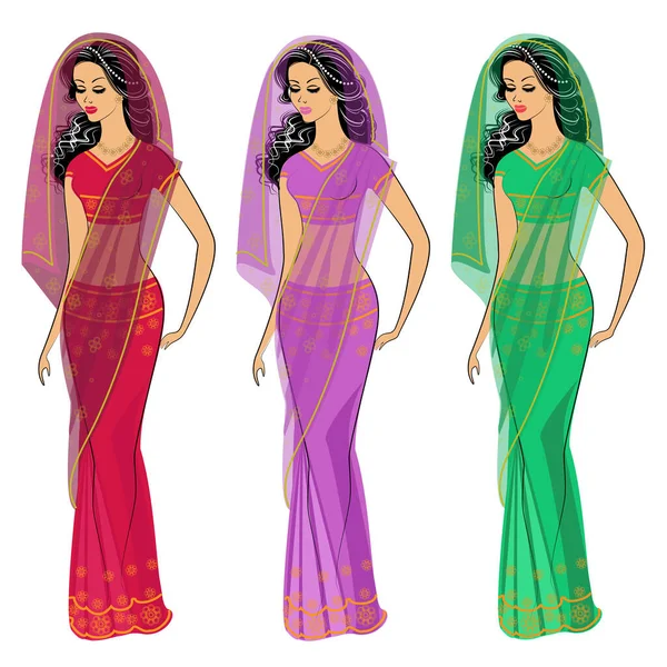 Kolekce Silueta Krásných Dam Dívky Jsou Oblečené Saris Tradiční Indické — Stockový vektor