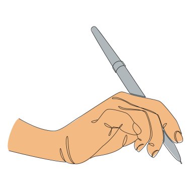 Modern tek satırlık bir kalemle fırçanın siluetleri. Adam yazıyor. Devamlı çizgi çizimi, ev dekorasyonu için estetik taslak posterler, duvar resimleri, çıkartmalar, logolar. Vektör illüstrasyonu
