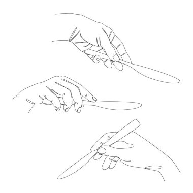 Tahsilat. Bıçak tutan bir erkeğin silueti modern bir tek çizgi tarzında. Devamlı çizimler, ev dekorasyonu taslakları, posterler, duvar resimleri, çıkartmalar, logolar. Vektör illüstrasyonu