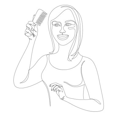 Saçını tarayan sevimli bir bayan. Modern tek satırlı bir kızın silueti. Devamlı çizimler, dekorasyon taslakları, posterler, duvar resimleri, çıkartmalar, logolar. Vektör illüstrasyonu