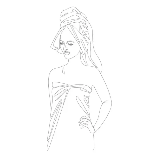 現代的な連続したラインスタイルの女の子のシルエット 彼女の頭の上にタオルが付いているシャワーの後の女性 家の装飾 ポスター 壁の芸術 ステッカー ロゴのための概要 ベクトルイラスト — ストックベクタ