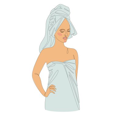 Tahsilat. Modern aralıksız çizgi tarzında kız siluetleri. Kafasında havluyla duş alan bir bayan. Dekor için taslak, posterler, duvar resimleri, çıkartmalar, logolar. Vektör illüstrasyonu