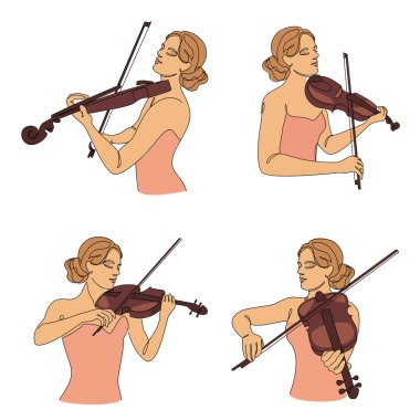 Tahsilat. Kemanı olan güzel bir kadın sürekli bir çizgi şeklinde çizilir. Kemancı kız, ip. Devamlı çizgiler, dış hatlar, posterler, çıkartmalar, logolar. Vektör illüstrasyonu