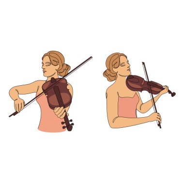 Tahsilat. Kemanı olan güzel bir kadın sürekli bir çizgi şeklinde çizilir. Kemancı kız, ip. Devamlı çizgiler, dış hatlar, posterler, çıkartmalar, logolar. Vektör illüstrasyonu.