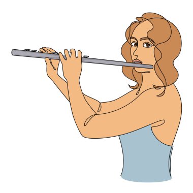 Güzel bir kadının silueti flütü modern ve sürekli bir çizgi tarzında. Flütçü kız, ince. Devamlı çizimler, dekoratif estetik çizimler, posterler, çıkartmalar, logolar. Vektör illüstrasyonu.