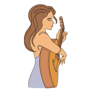 Güzel bir kadının silueti ve gitarı modern ve sürekli bir çizgi tarzında. Kız gitarist, ince. Devamlı çizimler, dekor çizimleri, posterler, çıkartmalar, logolar. Vektör illüstrasyonu.