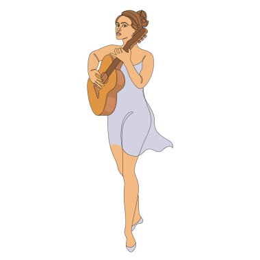 Güzel bir kadının silueti ve gitarı modern ve sürekli bir çizgi tarzında. Kız gitarist, ince. Devamlı çizimler, dekor çizimleri, posterler, çıkartmalar, logolar. Vektör illüstrasyonu.