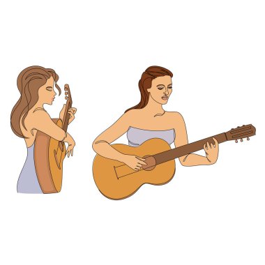Tahsilat. Güzel bir kadının silueti ve gitarı modern ve sürekli bir çizgi tarzında. Kız gitarist, ince. Estetik dekor çizimleri, posterler, çıkartmalar, logolar. vektör çizimleri kümesi