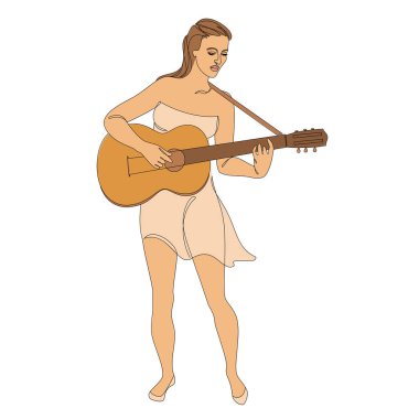 Güzel bir kadının silueti ve gitarı modern ve sürekli bir çizgi tarzında. Kız gitarist, ince. Devamlı çizimler, dekor çizimleri, posterler, çıkartmalar, logolar. Vektör illüstrasyonu.