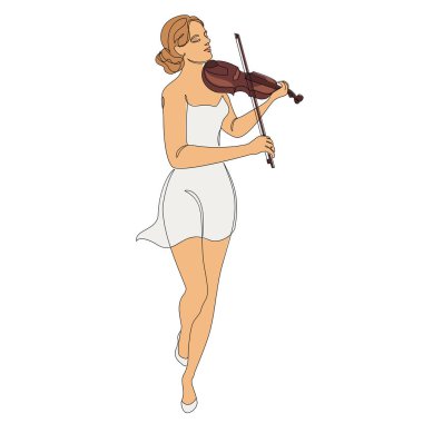 Güzel bir kadının silueti, kemanı modern ve sürekli bir çizgi tarzında. Kemancı kız, ince. Devamlı çizimler, dekor çizimleri, posterler, çıkartmalar, logolar. Vektör illüstrasyonu.