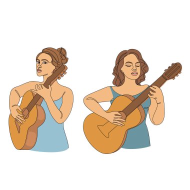 Tahsilat. Güzel bir kadının silueti ve gitarı modern ve sürekli bir çizgi tarzında. Kız gitarist, ince. Estetik dekor çizimleri, posterler, çıkartmalar, logolar. vektör çizimleri kümesi