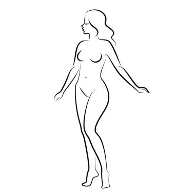Hoş bir bayanın silueti, ayakta duruyor. Kızın güzel bir çıplak vücudu var. Kadın genç, seksi ve ince bir model. Vektör illüstrasyonu