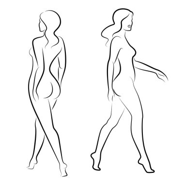 Tahsilat. Hoş bir bayanın silueti, ayakta duruyor. Kızın güzel bir çıplak vücudu var. Kadın genç, seksi ve ince bir model. Vektör illüstrasyonu