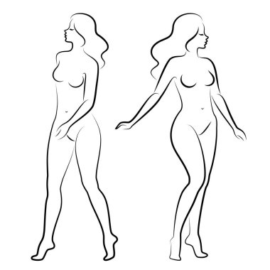 Tahsilat. Hoş bir bayanın silueti, ayakta duruyor. Kızın güzel bir çıplak vücudu var. Kadın genç, seksi ve ince bir model. Vektör illüstrasyonu