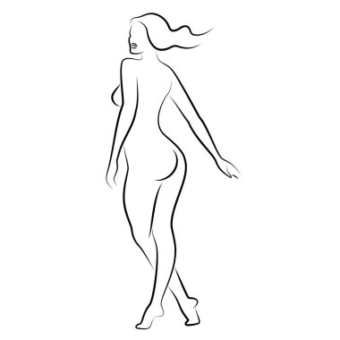 Hoş bir bayanın silueti, ayakta duruyor. Kızın güzel bir çıplak vücudu var. Kadın genç, seksi ve ince bir model. Vektör illüstrasyonu