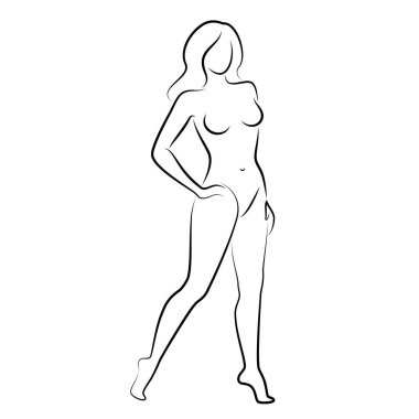 Hoş bir bayanın silueti, ayakta duruyor. Kızın güzel bir çıplak vücudu var. Kadın genç, seksi ve ince bir model. Vektör illüstrasyonu