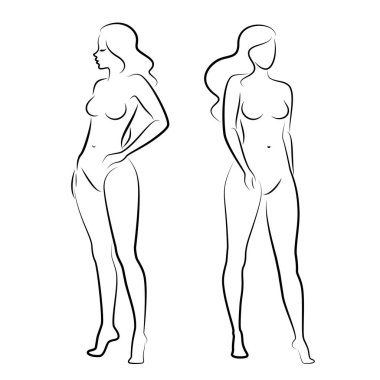 Tahsilat. Hoş bir bayanın silueti, ayakta duruyor. Kızın güzel bir çıplak vücudu var. Kadın genç, seksi ve ince bir model. Vektör illüstrasyonu