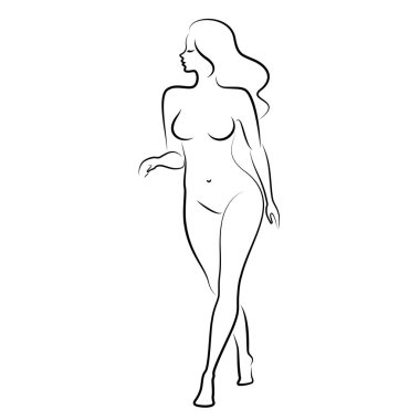 Hoş bir bayanın silueti, ayakta duruyor. Kızın güzel bir çıplak vücudu var. Kadın genç, seksi ve ince bir model. Vektör illüstrasyonu