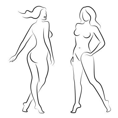 Hoş bir bayanın silueti, ayakta duruyor. Kızın güzel bir çıplak vücudu var. Kadın genç, seksi ve ince bir model. Vektör illüstrasyonu