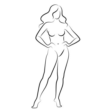 Hoş bir bayanın silueti, ayakta duruyor. Kızın güzel bir çıplak vücudu var. Kadın genç, seksi ve ince bir model. Vektör illüstrasyonu