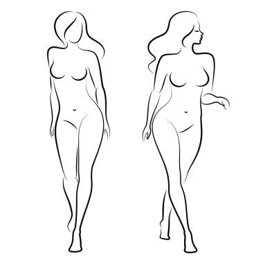 Hoş bir bayanın silueti, ayakta duruyor. Kızın güzel bir çıplak vücudu var. Kadın genç, seksi ve ince bir model. Vektör illüstrasyonu