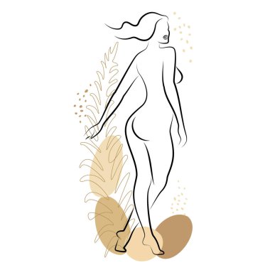 Tatlı bir bayanın silueti ve bir bitkinin yaprakları. Kız ayakta duruyor. Kadının güzel bir çıplak vücudu var. O genç ve zayıf. Vektör illüstrasyonu