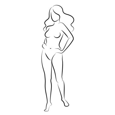 Hoş bir bayanın silueti, ayakta duruyor. Kızın güzel bir çıplak vücudu var. Kadın genç, seksi ve ince bir model. Vektör illüstrasyonu