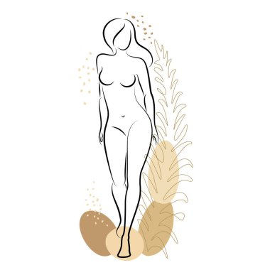 Tatlı bir bayanın silueti ve bir bitkinin yaprakları. Kız ayakta duruyor. Kadının güzel bir çıplak vücudu var. O genç ve zayıf. Vektör illüstrasyonu