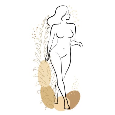 Tatlı bir bayanın silueti ve bir bitkinin yaprakları. Kız ayakta duruyor. Kadının güzel bir çıplak vücudu var. O genç ve zayıf. Vektör illüstrasyonu