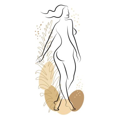 Tatlı bir bayanın silueti ve bir bitkinin yaprakları. Kız ayakta duruyor. Kadının güzel bir çıplak vücudu var. O genç ve zayıf. Vektör illüstrasyonu