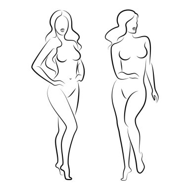 Hoş bir bayanın silueti, ayakta duruyor. Kızın güzel bir çıplak vücudu var. Kadın genç, seksi ve ince bir model. Vektör illüstrasyonu