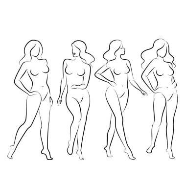 Hoş bir bayanın silueti, ayakta duruyor. Kızın güzel bir çıplak vücudu var. Kadın genç, seksi ve ince bir model. Vektör illüstrasyonu