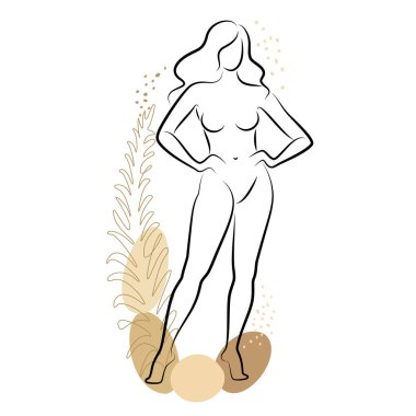 Tatlı bir bayanın silueti ve bir bitkinin yaprakları. Kız ayakta duruyor. Kadının güzel bir çıplak vücudu var. O genç ve zayıf. Vektör illüstrasyonu.