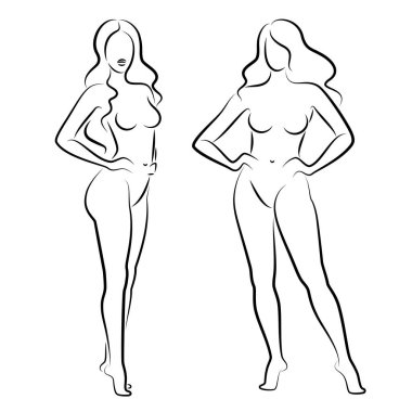 Hoş bir bayanın silueti, ayakta duruyor. Kızın güzel bir çıplak vücudu var. Kadın genç, seksi ve ince bir model. Vektör illüstrasyonu