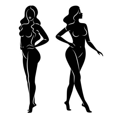 Hoş bir bayanın silueti, ayakta duruyor. Kızın güzel bir çıplak vücudu var. Kadın genç, seksi ve ince bir model. Vektör illüstrasyonu