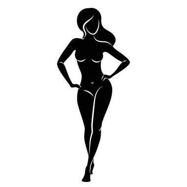 Hoş bir bayanın silueti, ayakta duruyor. Kızın güzel bir çıplak vücudu var. Kadın genç, seksi ve ince bir model. Vektör illüstrasyonu.