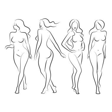 Hoş bir bayanın silueti, ayakta duruyor. Kızın güzel bir çıplak vücudu var. Kadın genç, seksi ve ince bir model. Vektör illüstrasyonu