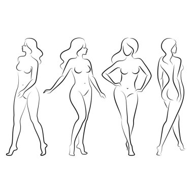 Tahsilat. Hoş bir bayanın silueti, ayakta duruyor. Kızın güzel bir çıplak vücudu var. Kadın genç, seksi ve ince bir model. Vektör illüstrasyonu