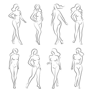 Hoş bir bayanın silueti, ayakta duruyor. Kızın güzel bir çıplak vücudu var. Kadın genç, seksi ve ince bir model. Vektör illüstrasyonu