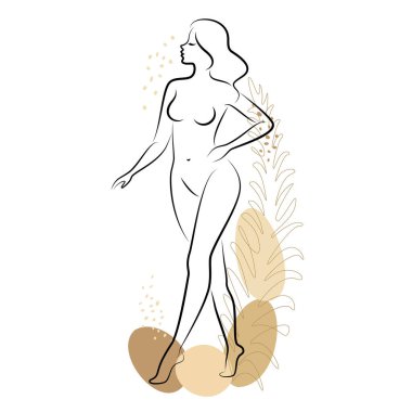 Tatlı bir bayanın silueti ve bir bitkinin yaprakları. Kız ayakta duruyor. Kadının güzel bir çıplak vücudu var. O genç ve zayıf. Vektör illüstrasyonu.