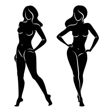 Hoş bir bayanın silueti, ayakta duruyor. Kızın güzel bir çıplak vücudu var. Kadın genç, seksi ve ince bir model. Vektör illüstrasyonu