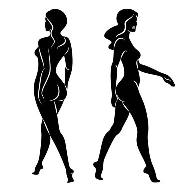 Hoş bir bayanın silueti, ayakta duruyor. Kızın güzel bir çıplak vücudu var. Kadın genç, seksi ve ince bir model. Vektör illüstrasyonu