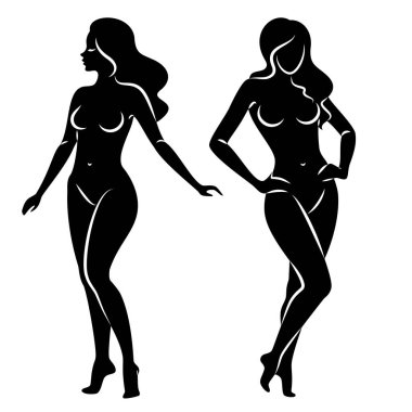 Hoş bir bayanın silueti, ayakta duruyor. Kızın güzel bir çıplak vücudu var. Kadın genç, seksi ve ince bir model. Vektör illüstrasyonu