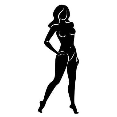 Hoş bir bayanın silueti, ayakta duruyor. Kızın güzel bir çıplak vücudu var. Kadın genç, seksi ve ince bir model. Vektör illüstrasyonu.