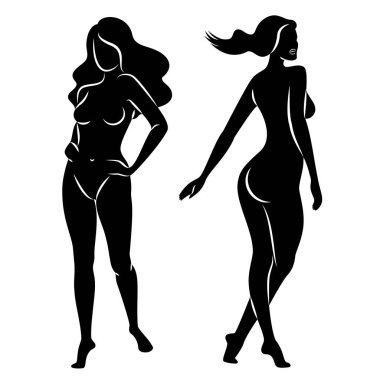 Hoş bir bayanın silueti, ayakta duruyor. Kızın güzel bir çıplak vücudu var. Kadın genç, seksi ve ince bir model. Vektör illüstrasyonu